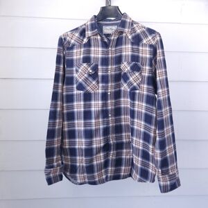 Flag & Anthem Mens Medium Plaid Button Up Flannel Shirt Blue Plaid Long Sleeve